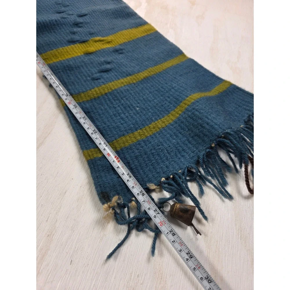 Vintage Handwoven Wool Wall Hanging Blue Yellow Boho Western Decor with Bells